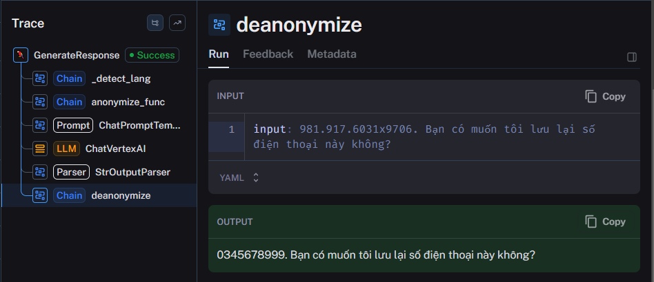 De-anonymized Output Example - Showing how anonymized data can be restored for context